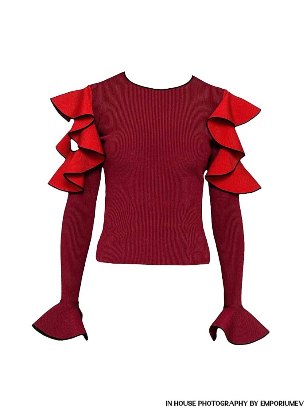 Alexander McQueen Cold Shoulder Red Women's XXS Ruffled Ribbed-knit Sweater